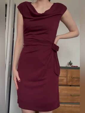 Cowl-Neck Knot-Detail Sheath Dress in Deep Wine